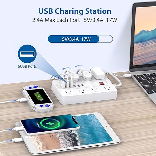 Miniatura 5 de HUNIAN - Cable de extensión de 10 pies de largo, regleta de alimentación con 8 tomas ampliamente espaciadas, 6 USB, estación de carga de montaje en
