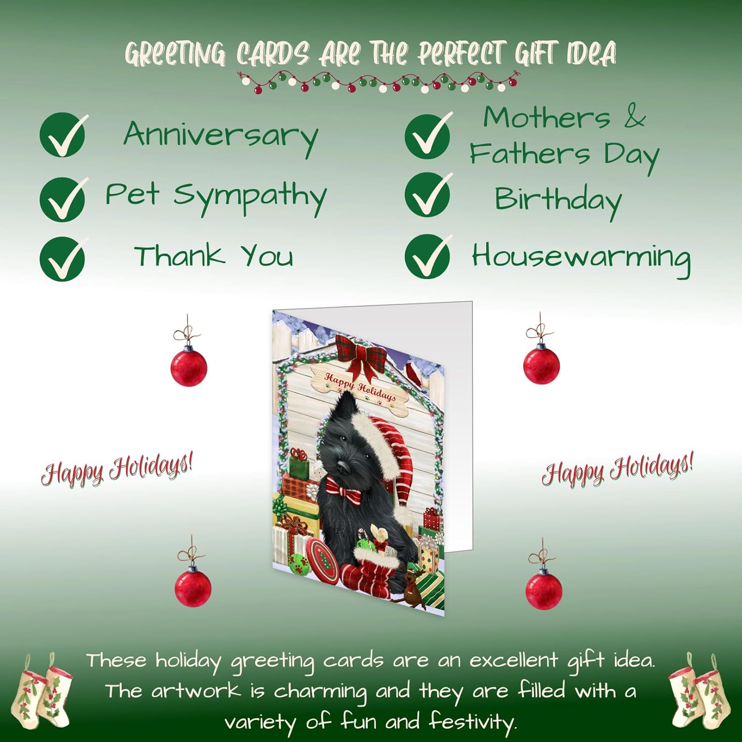 Christmas House with Presentes Scottish Terrier Dog Greeting Cards - Adorable Pets Invitation Cards with Envelopes - Pet Artwork Christmas Greeting Cards GCD58511 (10 Greeting Cards)