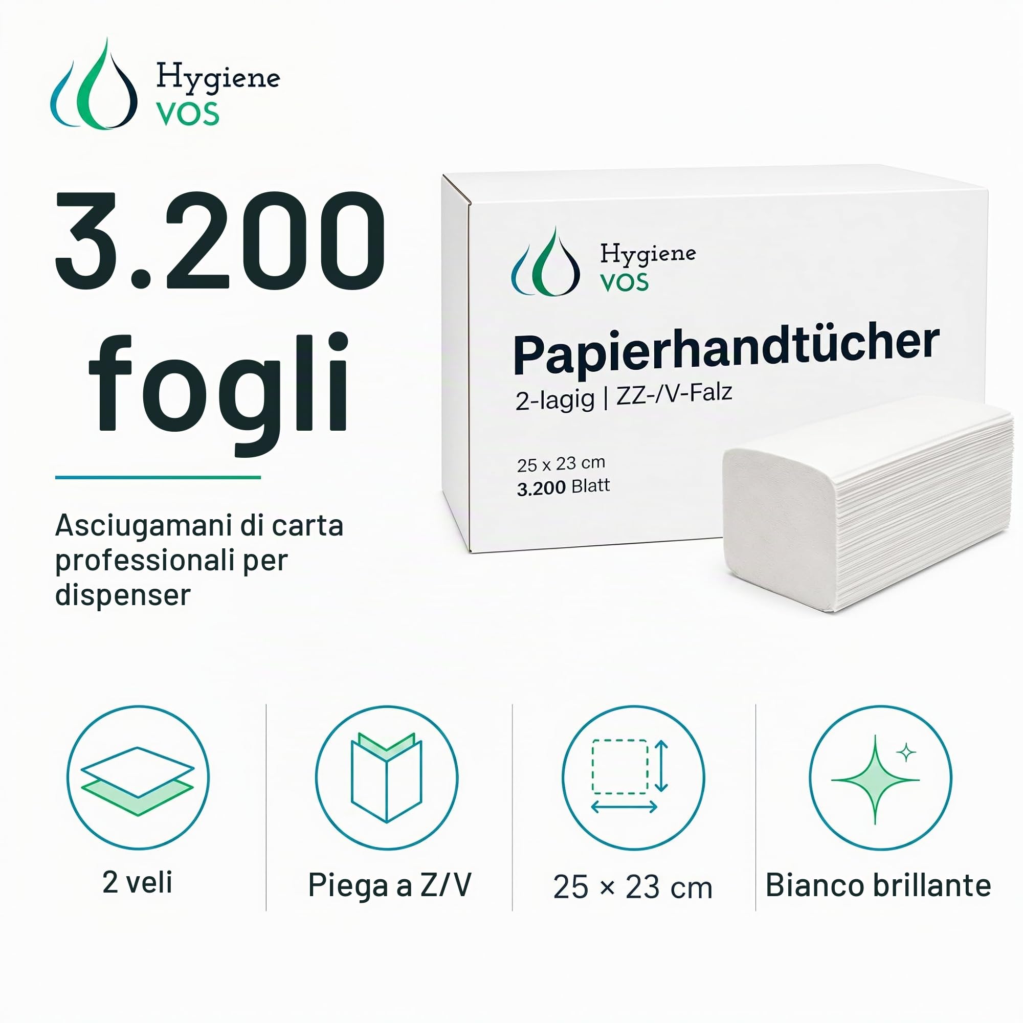 Hygiene VOS asciugamani di carta in cellulosa bianco brillante, 3200 fogli, 2 veli, piega a V a zig zag, 25 x 23 cm, per gastronomia, ambulatori, uffici