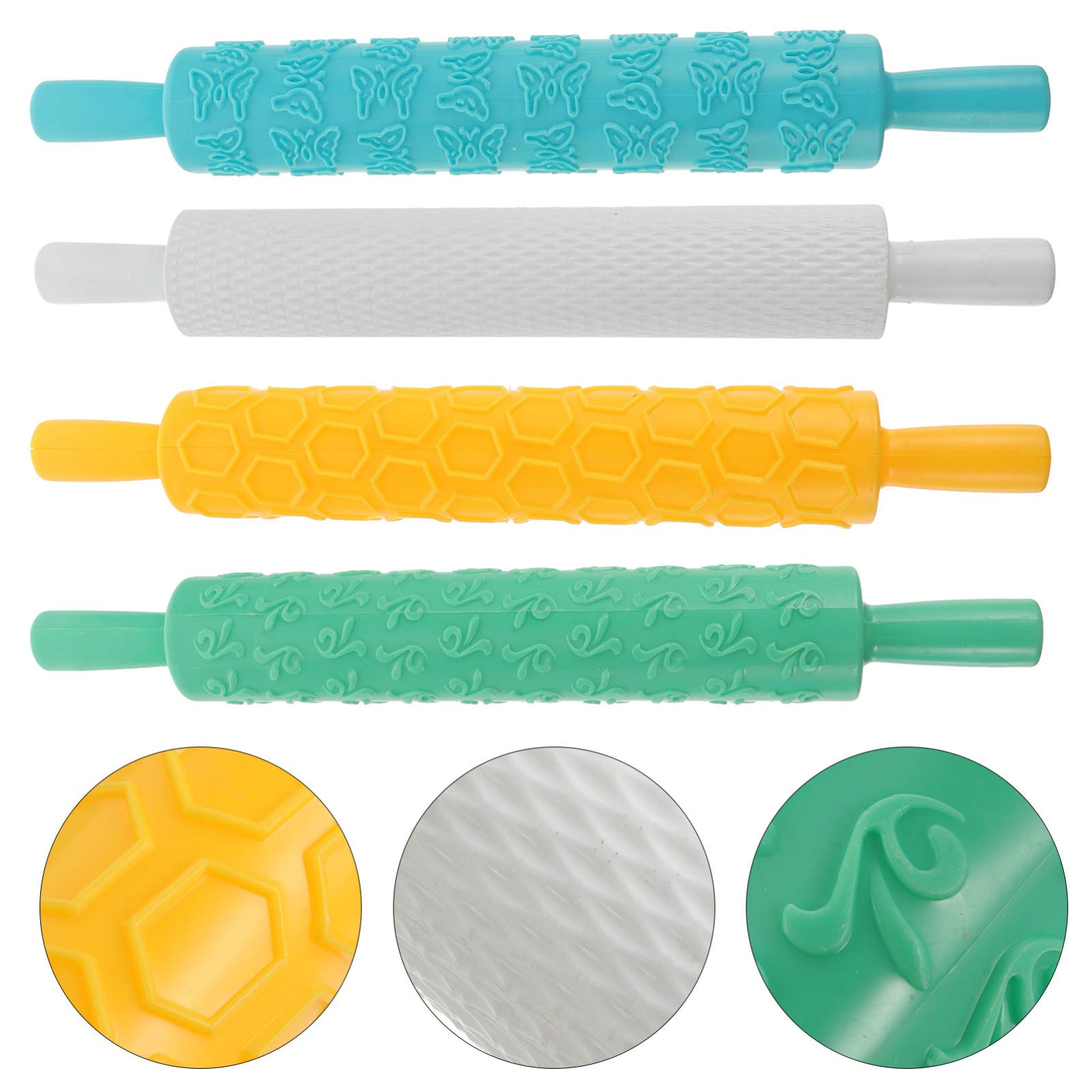 Juego de 4 Rodillos de Amasar Relieve de Plástico para Hacer Galletas y Pasta, Material Plástico de Grado Alimenticio, para Hornear y Utensilios de Repostería en Fiestas Infantiles
