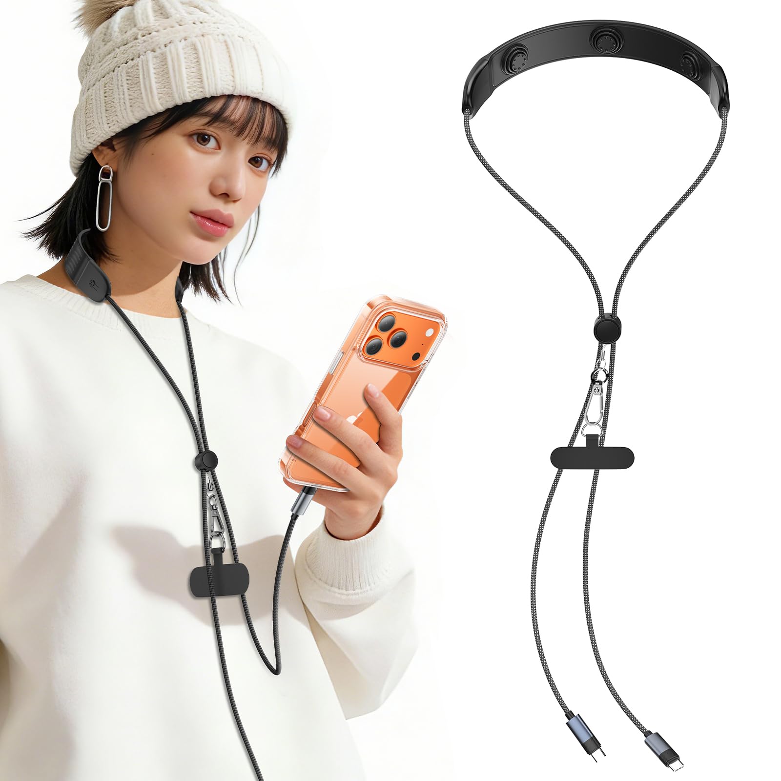 [Gtsoho] 1.45m 3in1 スマホストラップ 細密ナイロン編み充電ケーブル（伸縮なし）マッサージ機能付き 100W USB-C to C 急速充電 首負担軽減デザイン 盗難防止・落下防止 首掛け/斜め掛け対応 全機種対応 iPhone17/16/15 Android 日常・アウトドア両用ネックストラップ ダークブラック