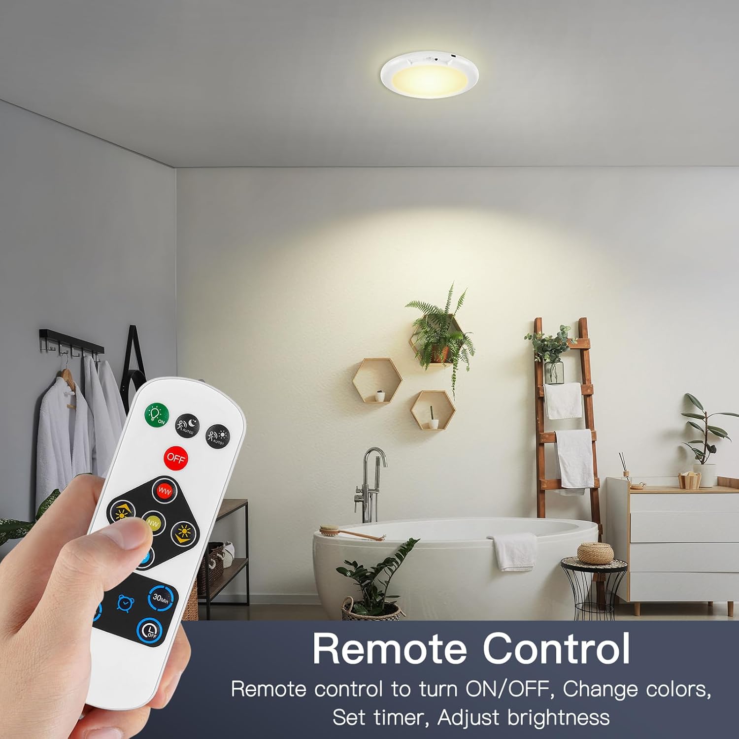 Battery Ceiling Light Fixture with Remote &Motion Sensor 2 in 1, Wireless Bathroom Ceiling Light Shower Light Rechargeable,3Lighting&Dimmable, Magnet Mount LED Closet Light for Bedroom Stairs Garage