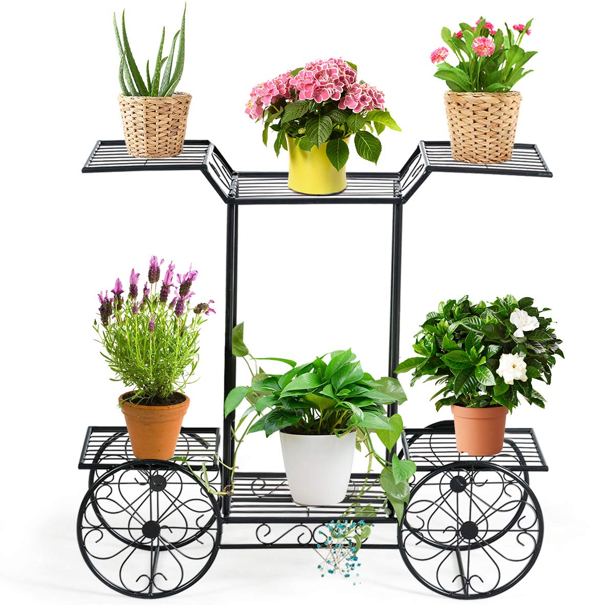 GOPLUS Plantenrek, 6 niveaus, houten bloemenrek met wieltjes