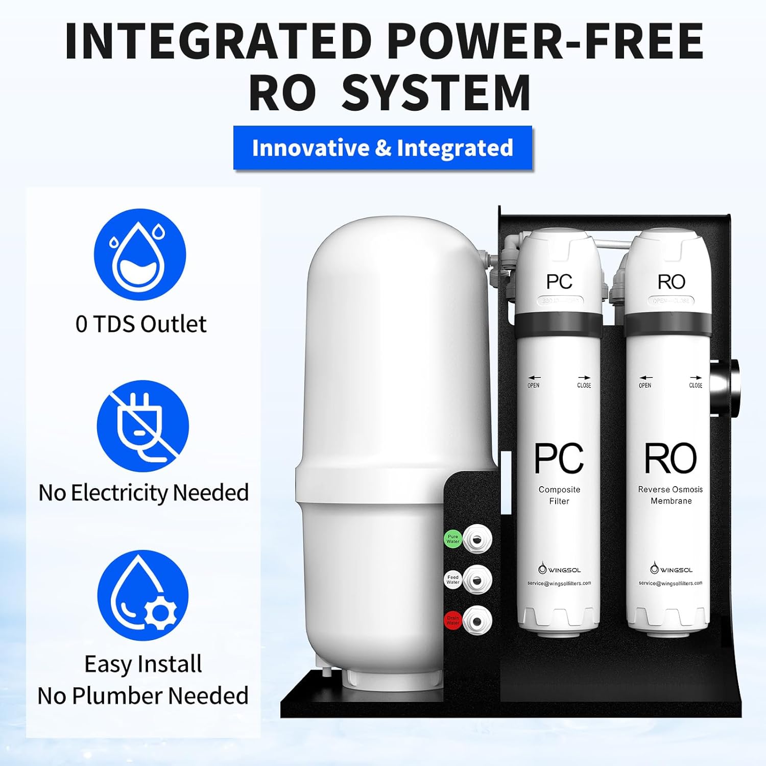 WINGSOL Integrated Reverse Osmosis Water Filter, NSF/ANSI 42&53&58, 8-Stage Under Sink RO Filtration System for 0 TDS Pure Water, Easy Installation Compact Size, No Electricity Needed