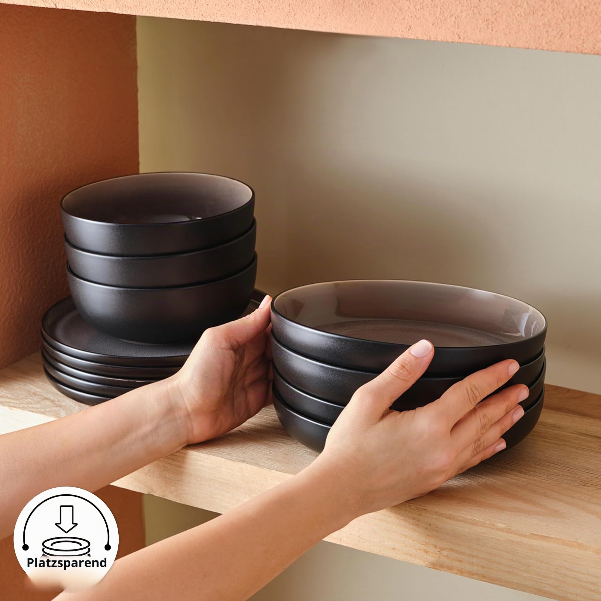 Karaca Mercure - 59-teilig Steingut Geschirrset für 12 Personen, Reaktive Glasur Teller Set mit 12 Servierplatte, Pastateller, Suppenteller, Dessertteller, Steinzeug Geschirr Set Modern - Schwarz