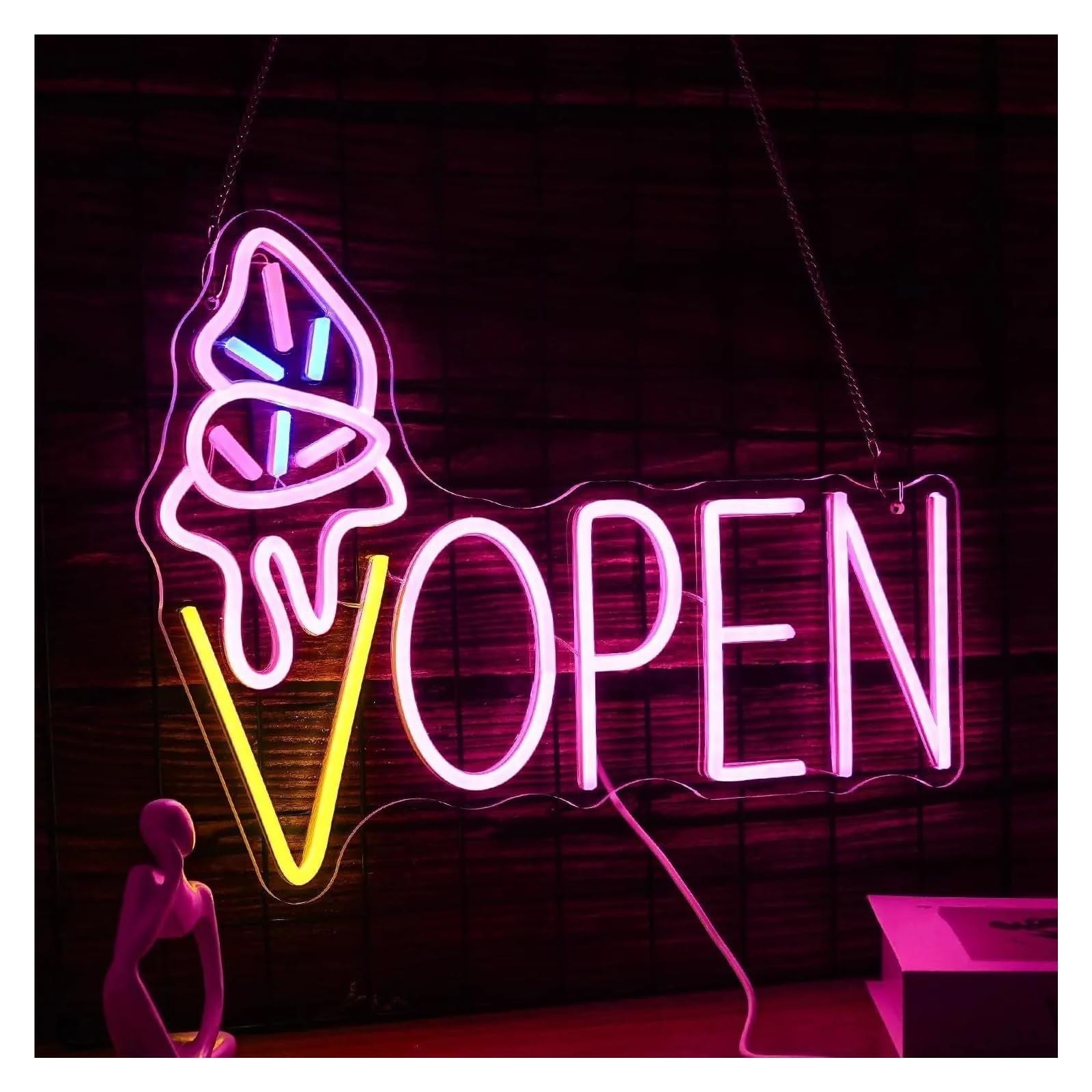 Luces de neón Letrero De Neón Con Luz De Helado Abierto Para Negocios Tiendas Postres Bares Fiestas Cafeterías Decoración Lámpara Iluminada Regulable 38cmx29cm