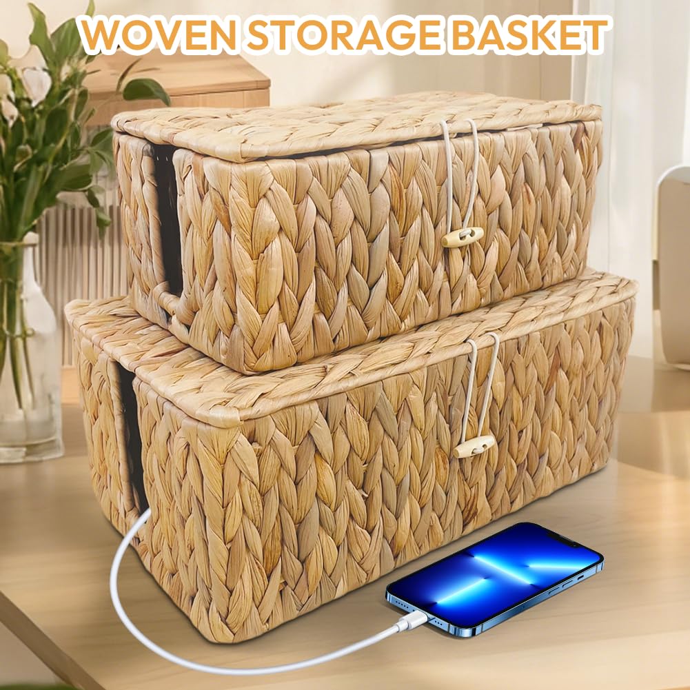 Pudełko Na Kable Bambusowe, Ręcznie Wykonane Rattanowe Organizator Do Zarządzania Kablami Z Osłoną I Bocznym Otworem Do Ukrycia Kabli, Duży Rozmiar 40 X 17 X 17 Cm