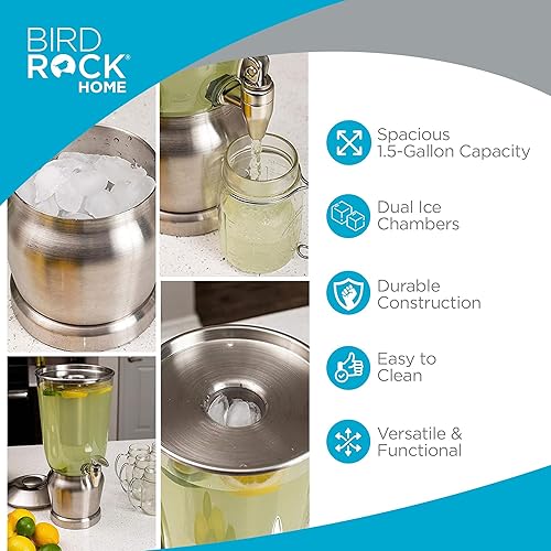 Vista 17 de BIRDROCK HOME Dispensador de bebidas de acero inoxidable de 3 galones con recipiente de hielo, espita – redondo – jarra de bebida de té sangría