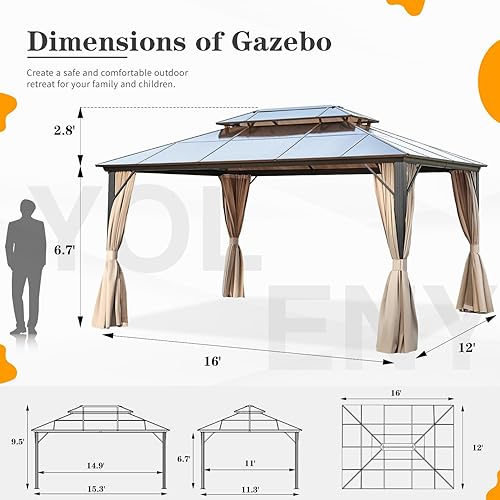 Miniatura 10 de YOLENY Gazebo de techo rígido de 11 x 13 pies, kiosco de madera para exteriores, techo doble de policarbonato, malla y cortinas, cenador de patio