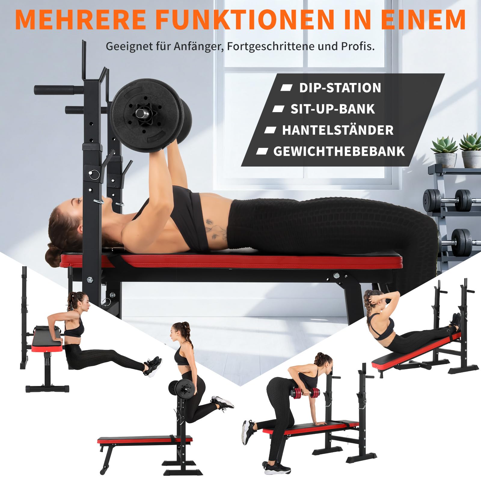 ISE Hantelbank, faltbar, verstellbar, mit Stangen, für Hanteln und Dips, Trainingsbänke, verstellbar, Rot / Schwarz 544-BK, Weiß / Schwarz, 544-WH