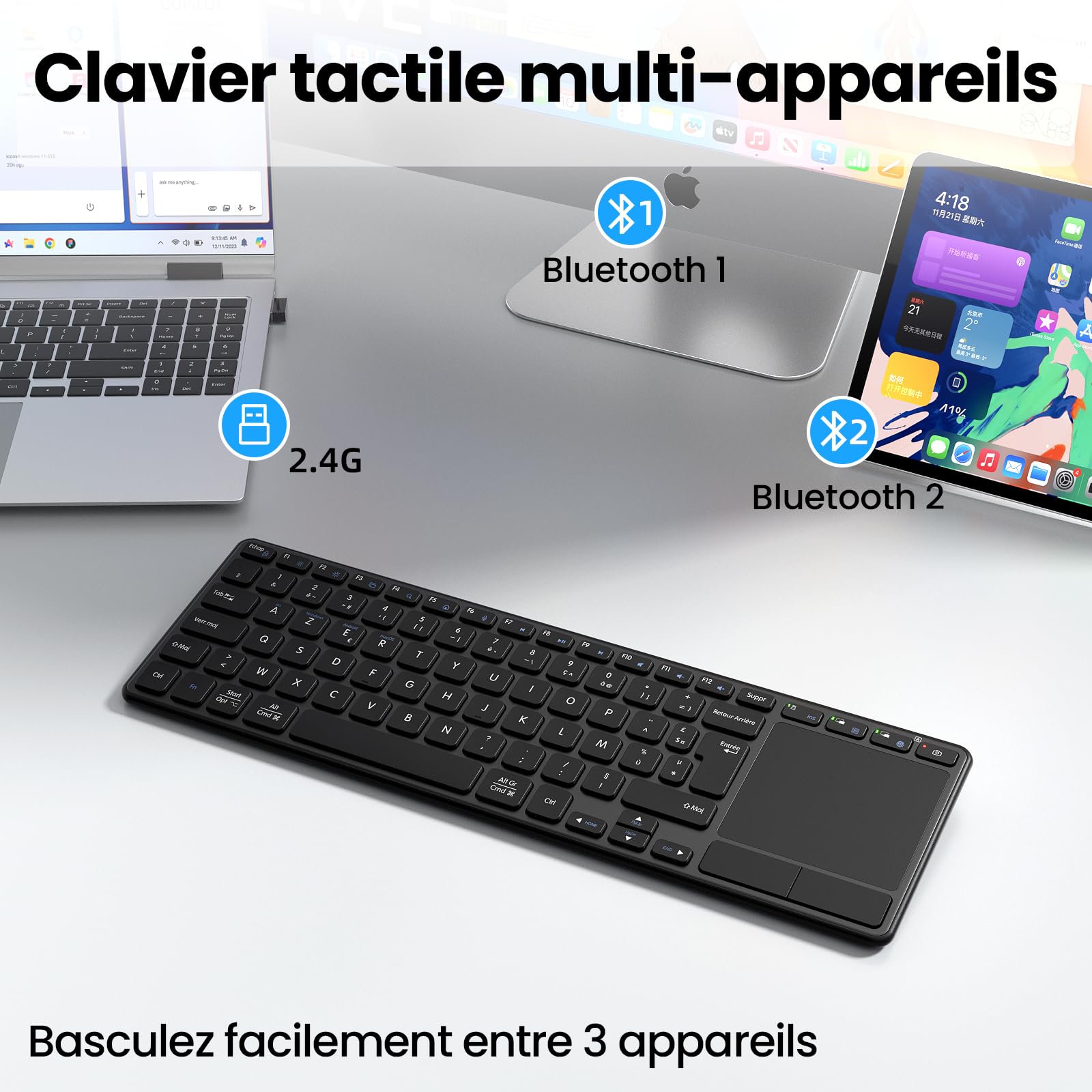 Clavier sans Fil Rechargeable avec Pavé Tactile, AZERTY FR Layout
