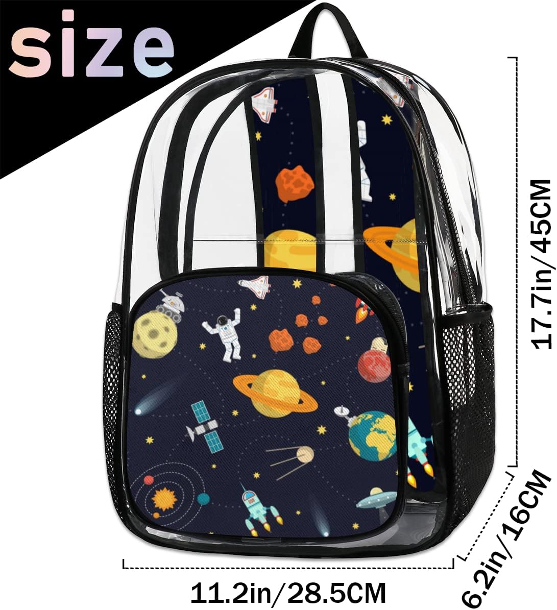 Planets Astronaut Clear Backpack Stadium Approved Heavy Duty PVC Transparent Backpacks Large See Through Bag for Work Travel Sports Events Concerts