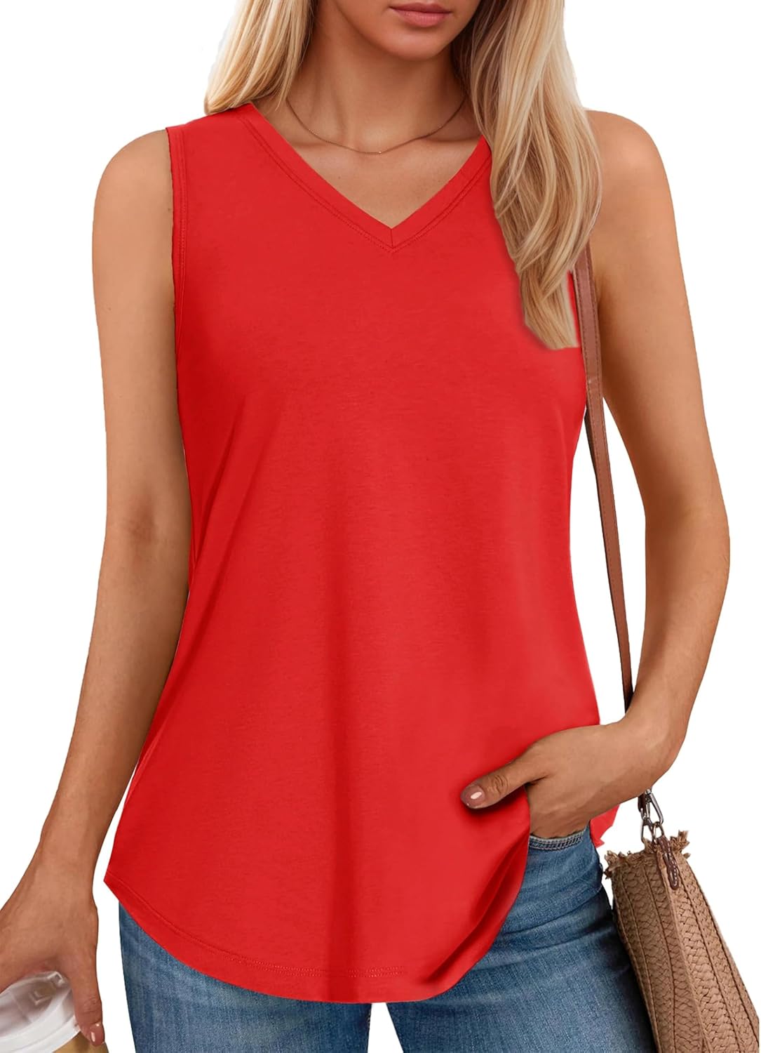 SMENG Women's Loose Fit Tank Tops Casual Flowy Curved Hem Sleeveless Basic Scoop Neck UPF 50+ Protection Tunic