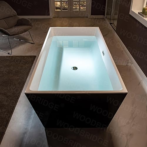 Vista 56 de WOODBRIDGE Bañera de acrílico independiente de 67 pulgadas, bañera negra de remojo contemporáneo con desbordamiento y drenaje negro mate, BTA1812-MB