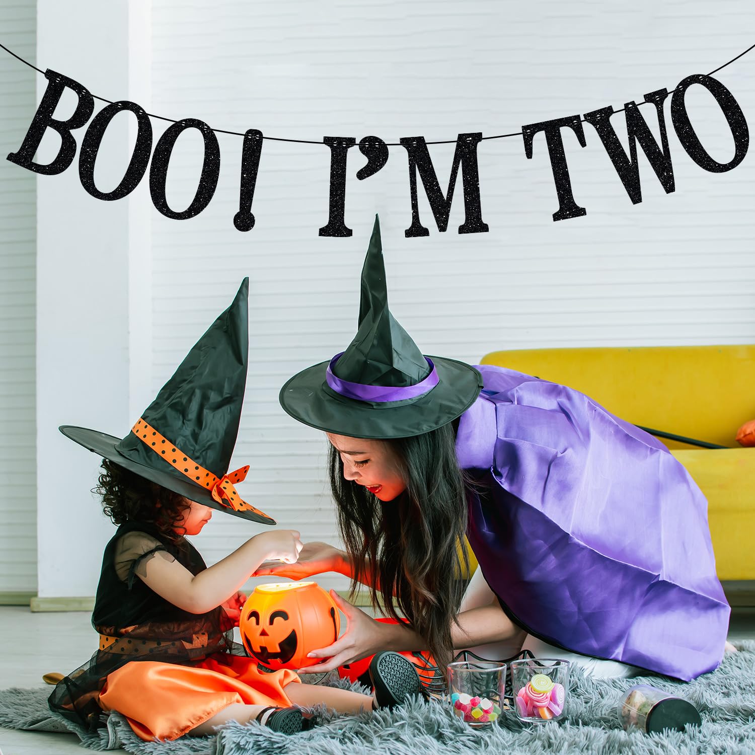 "Our Little Boo Is Turning Two" Halloween Birthday Banner | Pink Glitter Girl Party Decor With Bats & Ghosts | 47" Long