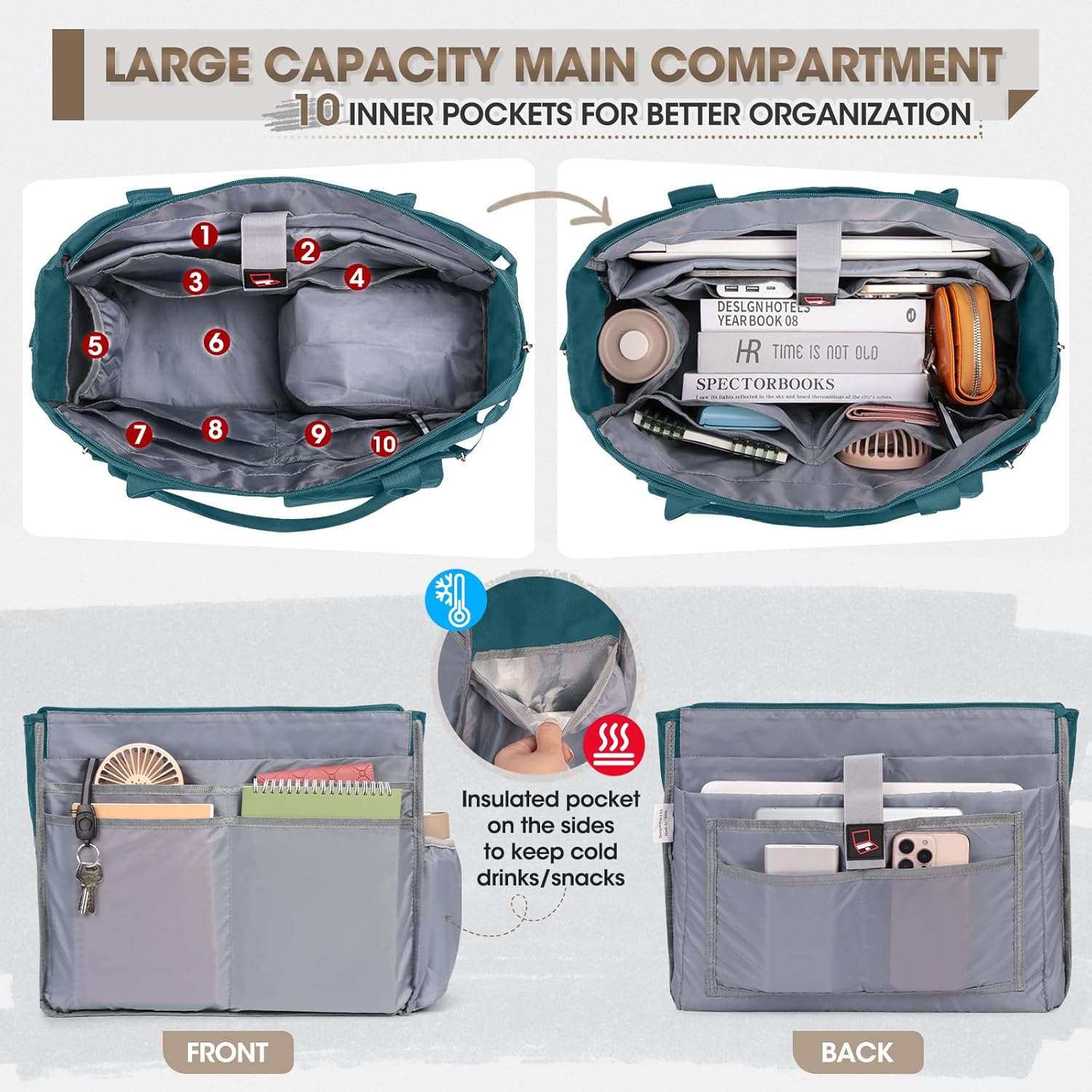 RAINSMORE Teacher Tote Bag with Insulated Lunch Compartment 15.6 inch Laptop Bag for Women Lightweight Work Bags Nurse Bags - Image 4