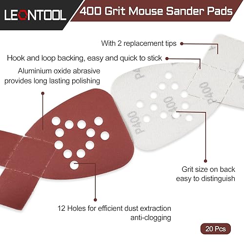 Miniatura 2 de 20 piezas de papel de lija con detalles de ratón, grano 400, 12 agujeros, almohadillas de lijadora con 2 puntas adicionales para papel de lija de