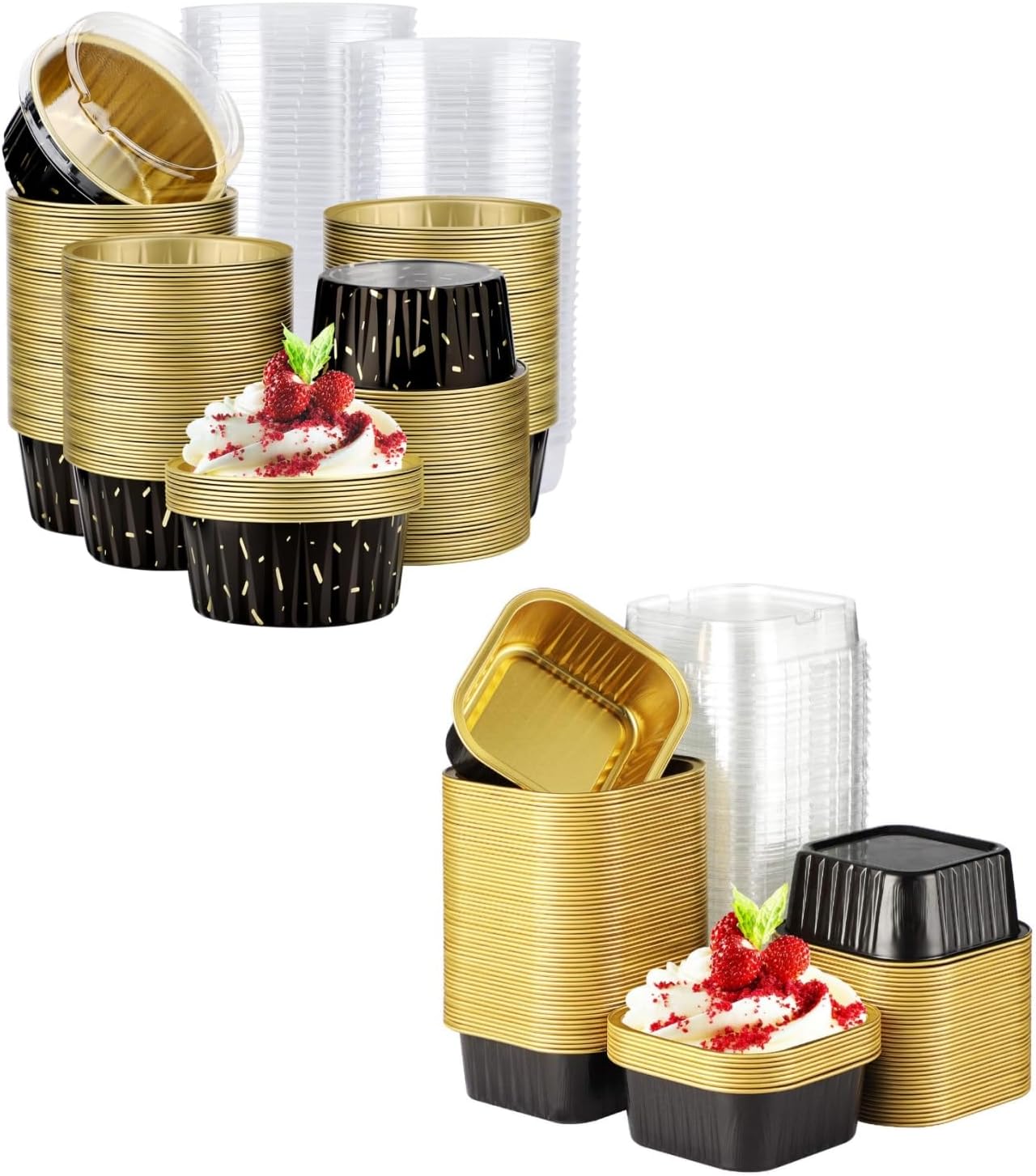 EUSOAR 5oz Dessert Cups with Lids, 200pcs 125ml Cupcake Liners for Baking and 100pcs 150ml Disposable Ramekins, Mini Cheesecake Foil Pans for Party Favor Birthday