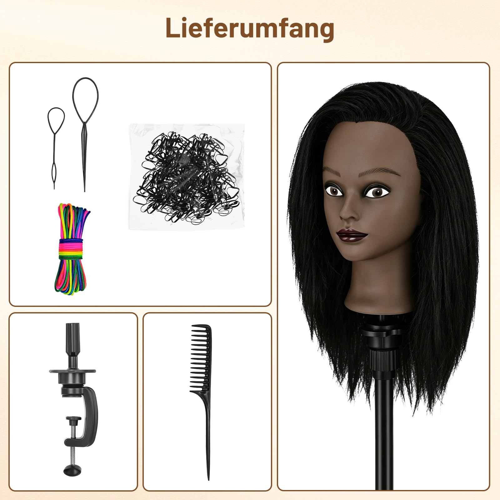 TwoWin 16 Zoll /40 cm Afro Trainingsköpfe für Friseure, Frisierkopf mit 100% Echthaar, Übungskopf Afrikanischer Friseurkopf Puppenkopf mit Tischhalter + Haar Styling Braid Set (Schwarz)