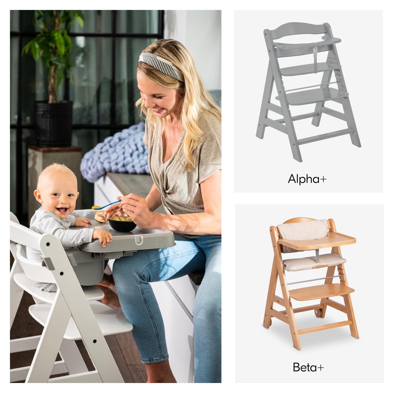 Hauck Alpha Tray Grau 3in1 Essbrett Kompatibel mit Alpha+ Beta+ Holzhochstuhl für Kinder 6-24 Monaten mit Sitzverkleinerer 3-Stufigem Esstisch