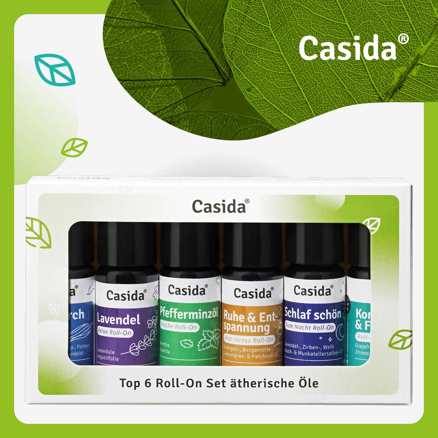 Casida Roll On Top 6 Set - 6 Duft Roll Ons mit naturreinen ätherischen Öle - verdünnt mit Kokosöl- Duftöl, Aromaöl- ideal für Aromatherapie und unterwegs - 6x10ml