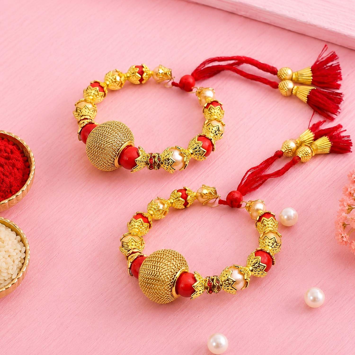 ascension Golden Kundan Pearl Lumba Rakhi Bracelet Raksha Bandhan Designer for Sister in law Bhabhi Lumba Rakhi with Roli Tilak (Pack of 2)-picture-17