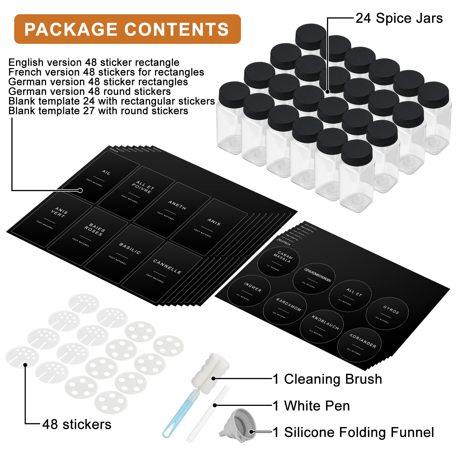 Bocaux à Épices, 24 Pièces Pot à Épices en Verre avec Étiquettes d'épices Françaises, 120ml Boite à Épices Cuisine Rangement - Bocal Epices avec Tamis, 243 Étiquettes, Entonnoir