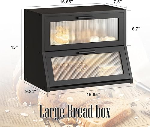 Miniatura 7 de Panera de doble capa, organizador de encimera de bambú de gran capacidad, contenedor de pan con panel de puerta ondulado acrílico, caja de pan de