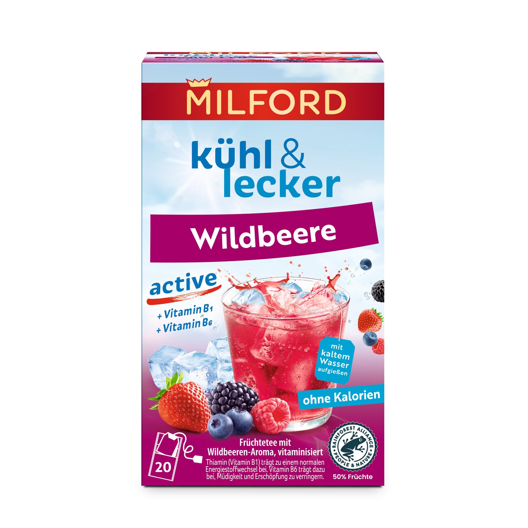 Milford kühl & lecker active Wildbeere | Ohne Kalorien | Ohne Zucker | Laktosefrei | Glutenfrei | Vegan | 20 Teebeutel |50 g