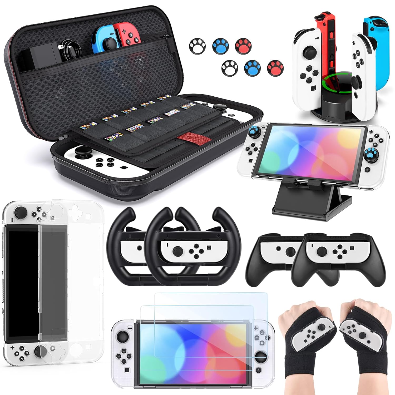 innoAura 14 in 1 Switch Sports Accessories Bundle with Switch Steering Wheel, J-con Grip, Tennis Racket, Glof Club, Leg Strap, Wrist Strap Compatible with Switch/Switch OLED