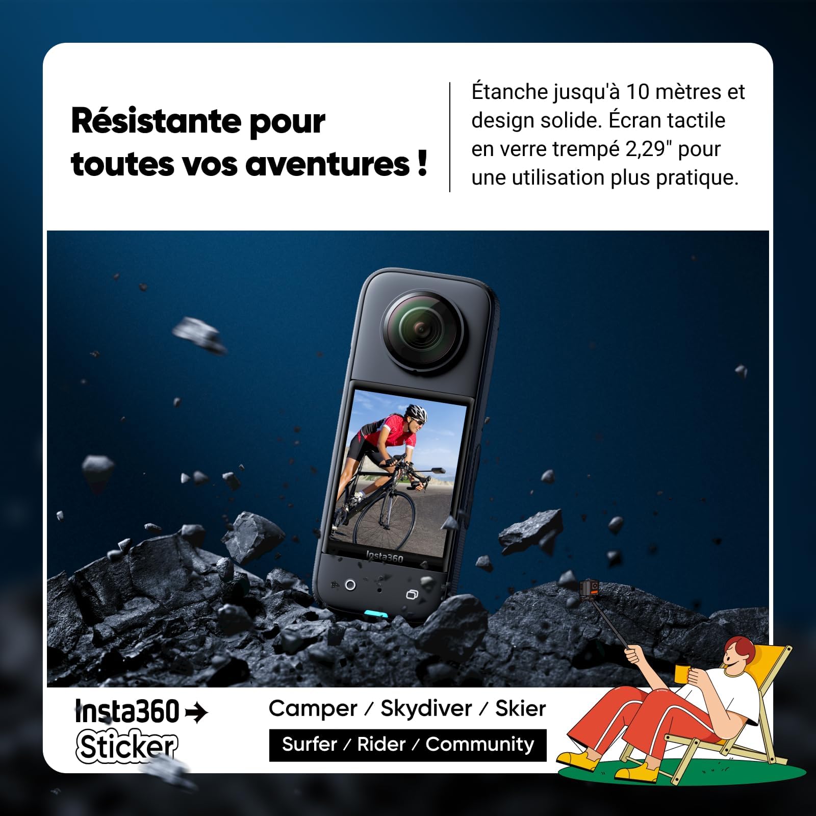 Insta360 X3 Caméra d'action 360° étanche 5,7K HDR Active 48MP 1/2" 72MP écran tactile 2,29"