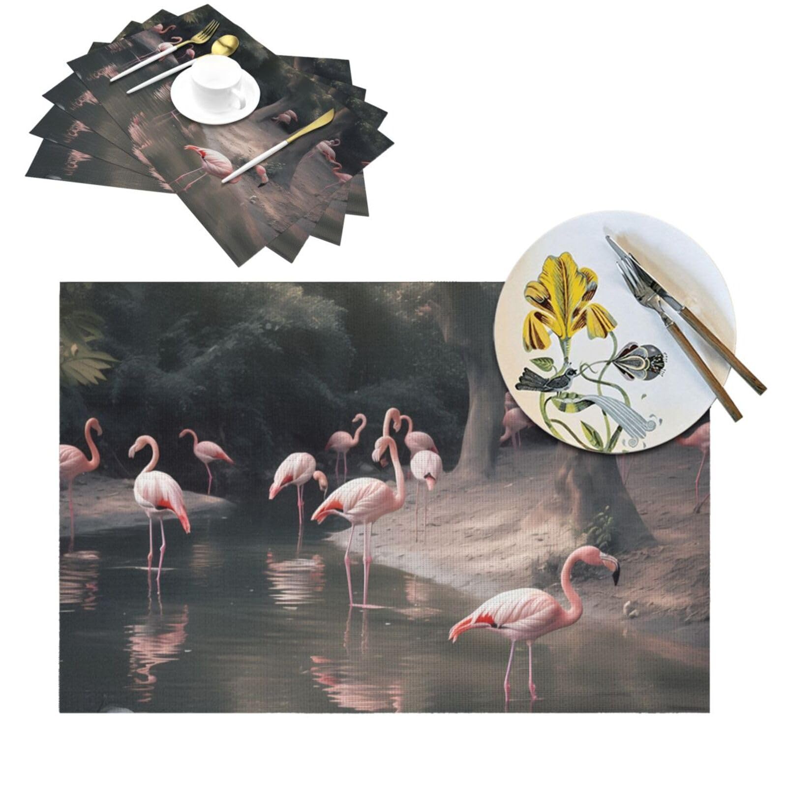 Sets de table pour table basse d'extérieur lot de 6 en PVC lavable flamant rose