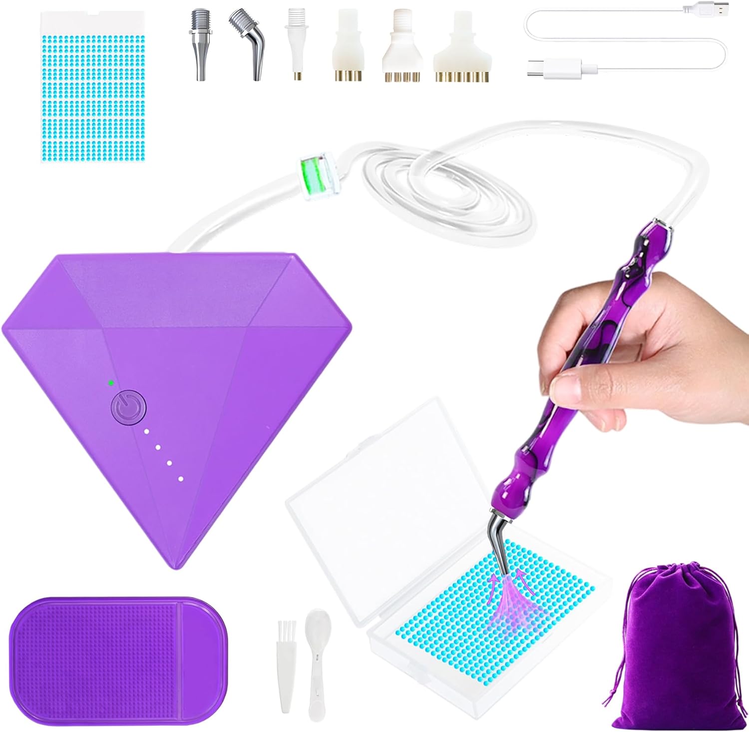 Lanzeyo Rechargeable Electric Diamond Painting Pen Vacuum Diamond Art Pen with Long Endurance Battery Electric Vacuum Pen with Beads Storage Tray for Gem Art Diamond Art Accessories (Purple)