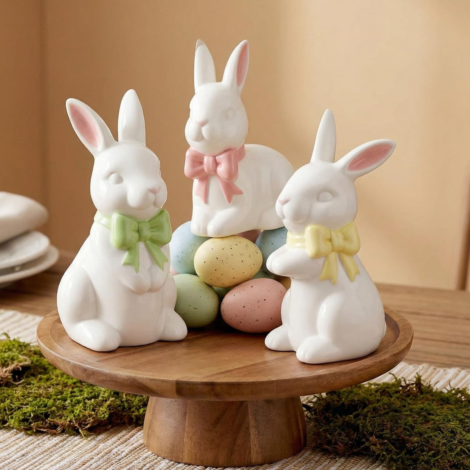 RattanView Easter Decorations 3 Pcs Ceramic Easter Bunny Statues Spring Table Centerpieces Cute Pastel Rabbit Kit Ceramic Home Decor Spring Bunny Figurines Set for Home Party Decorations(Lively)