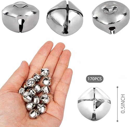 Vista 2 de MCPINKY 170 cascabeles, mini campanas para manualidades, para decoraciones de regalos, bolsas de regalo de bricolaje, 0.5 pulgadas, color plateado