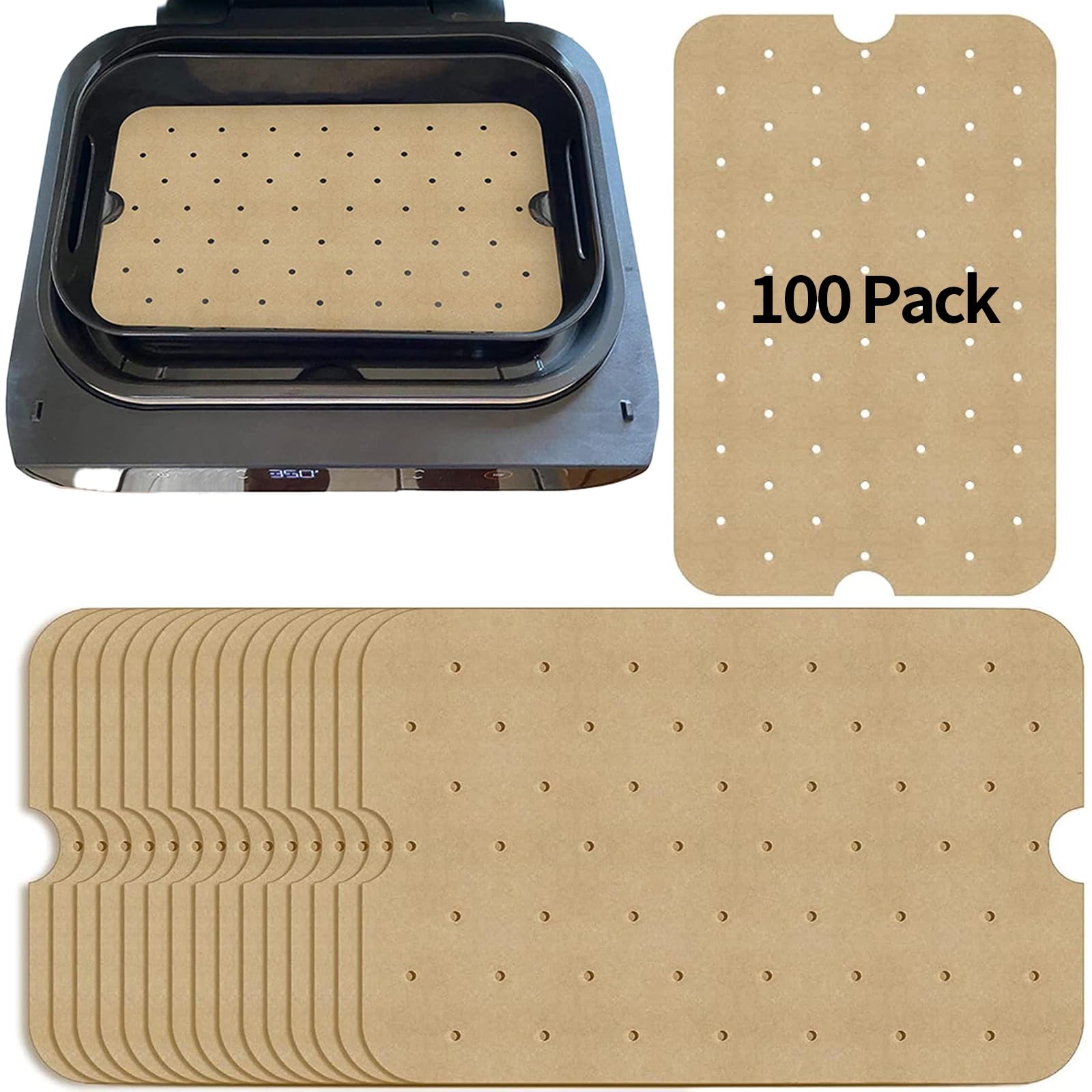 HRLORK 100 Pcs Air Fryer Paper Liners 7.7"x11.6" Unbleached Parchment Paper Perforated Nonstick Compatible with Ninja Foodi XL Smart FG551 6-in-1 Indoor Grill