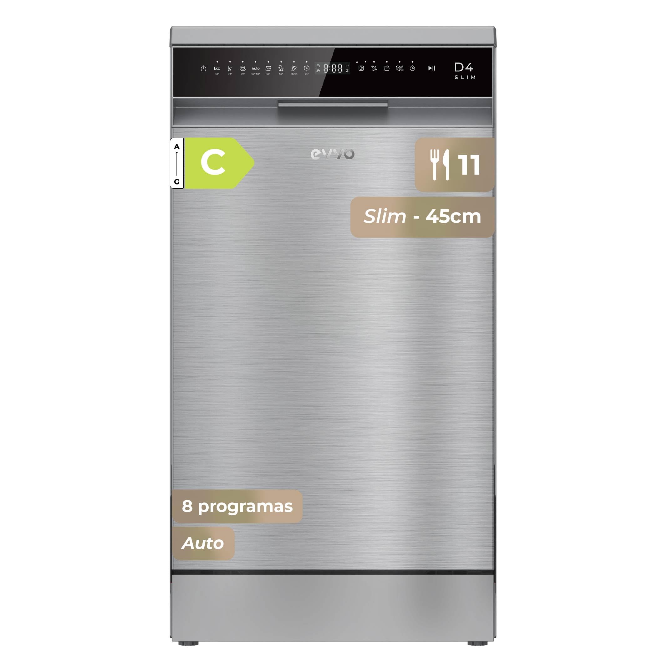 EVVO Lavavajillas D4 Slim 45 cm - Lavaplatos Libre Instalación, 11 Cubiertos, Eficiencia Clase C, 8 Programas con Modo Auto, Apertura Automática, Función Higiene y Media Carga. (Inox)