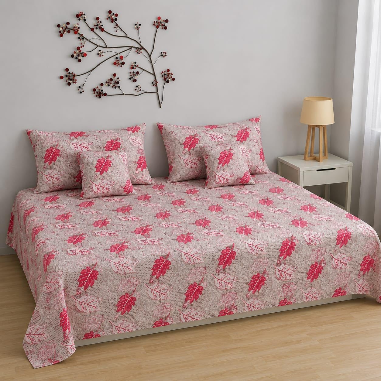 Diwan Set, Floral Print, 220 TC Cotton Blend, with 2 Pillow Covers and 2 Cushion Covers, Zipper Closure (Pink)-picture-27