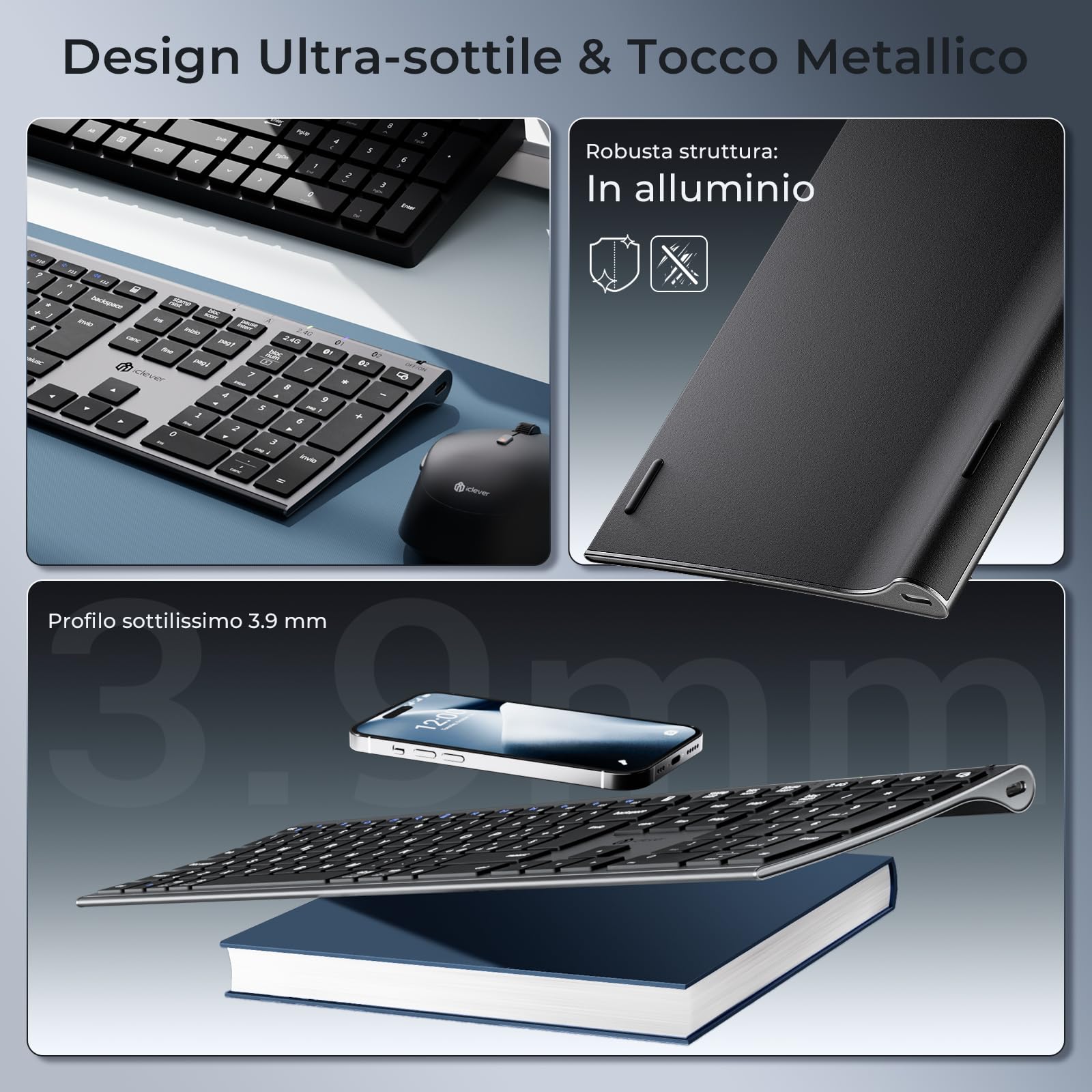 iClever Tastiera e Mouse Wireless Bluetooth, Tastiera e Mouse Doppia Modalità (Bluetooth + 2.4G) Ricaricabile, Layout Italiano QWERTY, Silenziosa for Mac, iPad, PC, Laptop, Desktop, Tablet, Smartphone