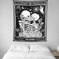 Vista 4 de KJHL The Lovers - Tapiz de calavera para colgar en la pared, tapiz gótico negro de bruja, tapiz de esqueleto vertical oscuro, tapices estéticos