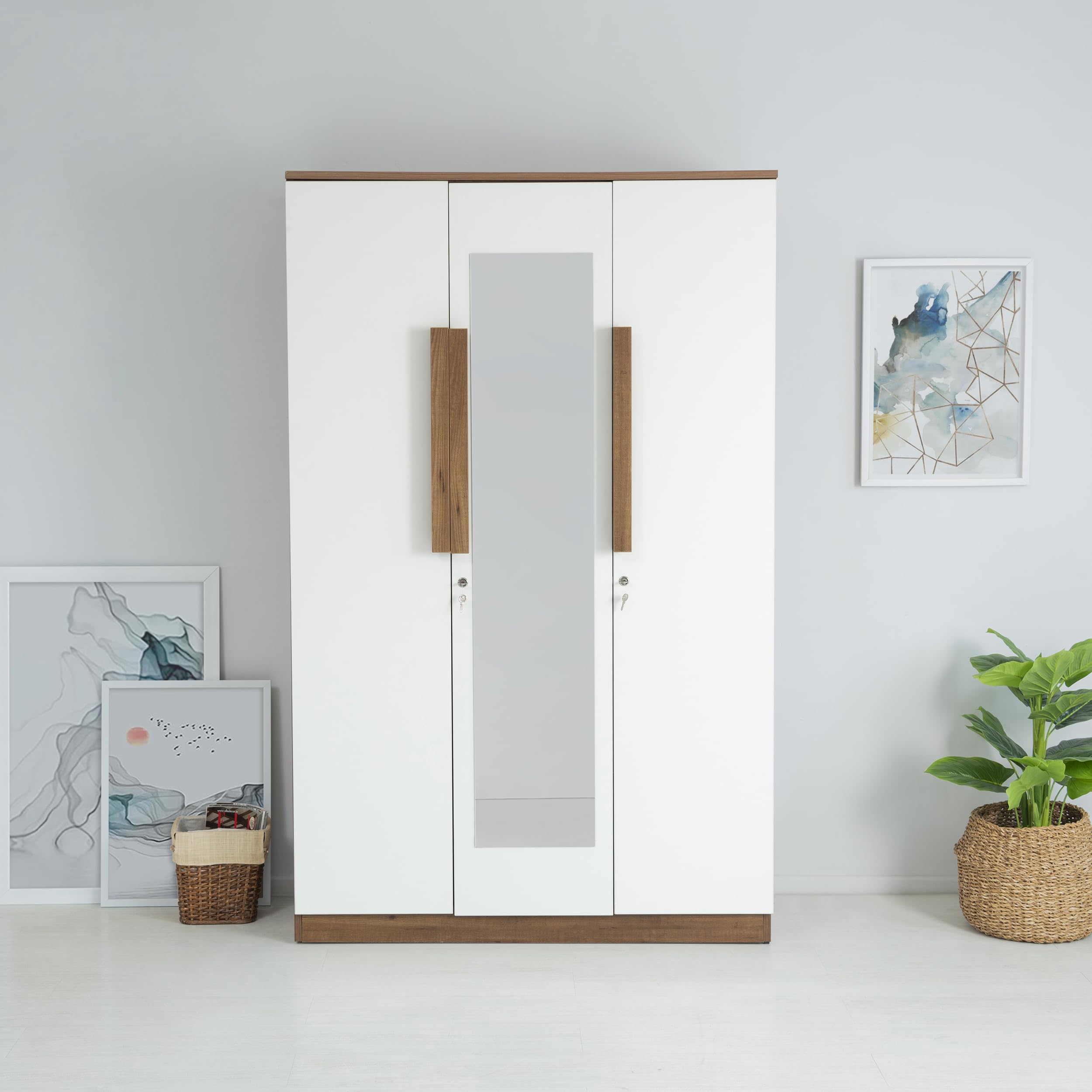 FURLENCO Bianca Engineered Wood 3 Door Wardrobe with Mirror in