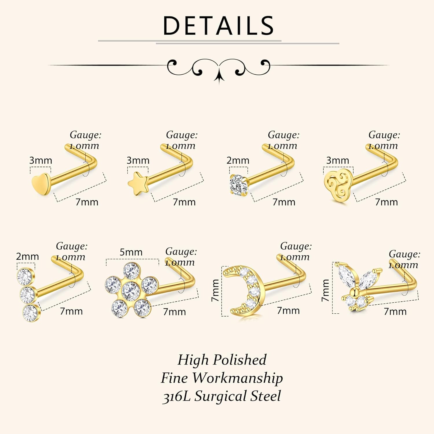 D.Bella 18G Nose Rings for Women Nose Rings Studs Stainless Steel L-Shaped Nose Studs Screw Nose Piercing Jewelry - Image 4