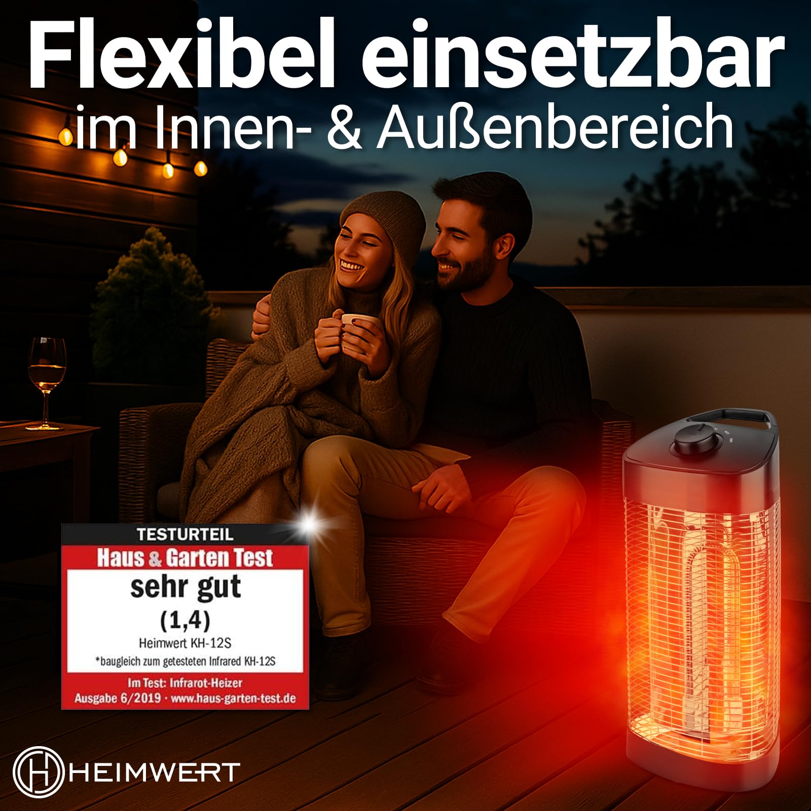 Heimwert Infrarot Stand Heizstrahler – Sofortige Wohlfühlwärme für Terrasse & Innenbereich, mobil & effizient, geräuschlos & allergikerfreundlich - Testurteil Sehr gut (52cm Höhe)