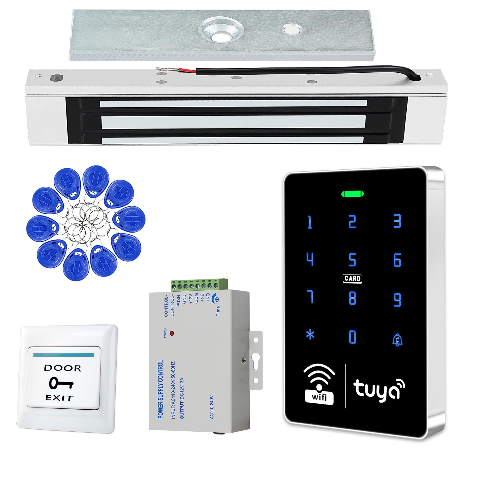 Tuya - Controlador de acceso WiFi IP68 impermeable con teclado RFID, abridor de retroiluminación táctil + 15 llaveros de 125 KHz + bloqueo electromagnético de 180 kg + fuente de alimentación