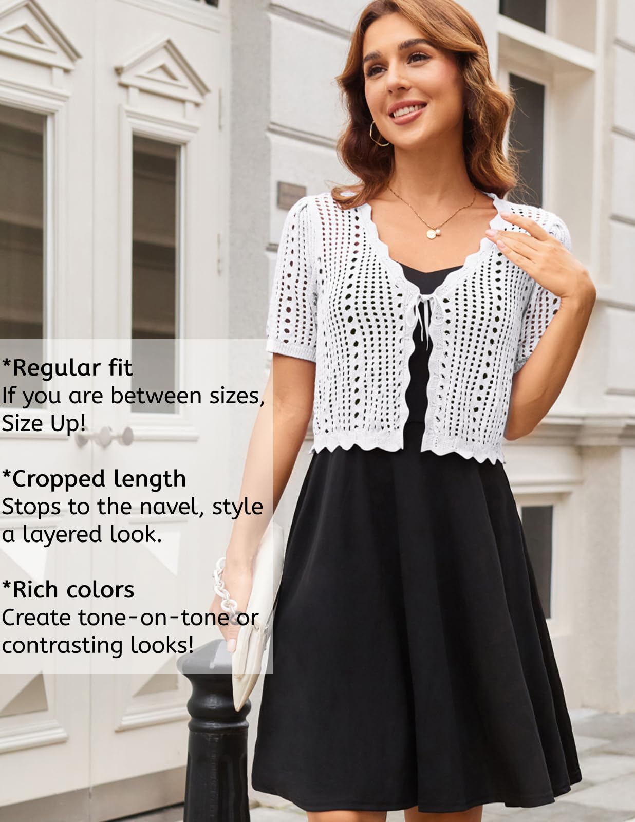 Kate Kasin Coprispalle da donna all'uncinetto con nodo frontale, bolero coprispalle per abito a maniche corte cardigan corto