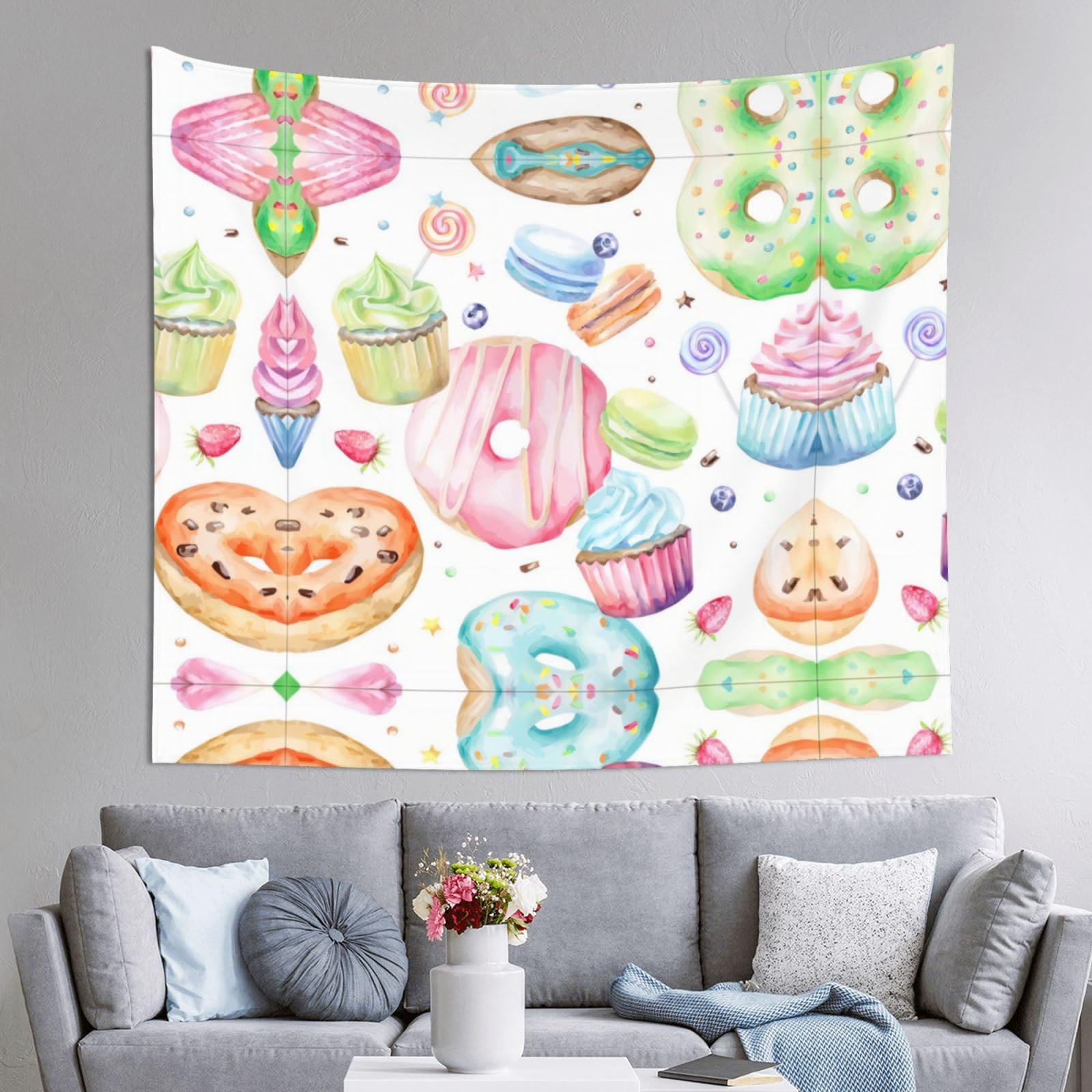 HLSBSSL 60x51in Cupcakes Donuts Muffins Sugar Printed Tapestry Tablecloth for Dormitory and Picnic Rooms - Multifunctional Fabric Hanging