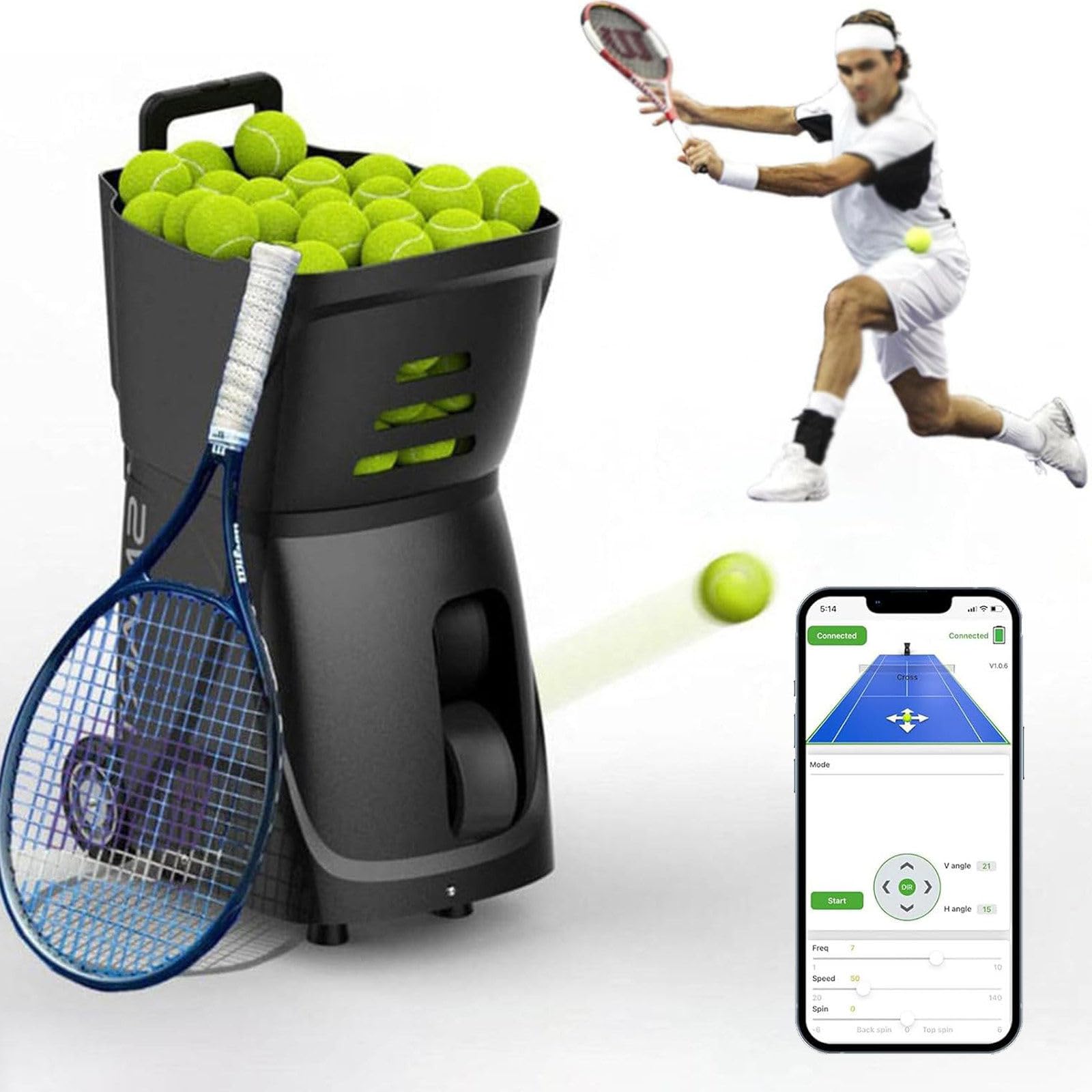 Macchina portatile per palline da tennis, lancio automatico di palline con telecomando e app, angolo di lancio regolabile, ideale per l'allenamento da soli