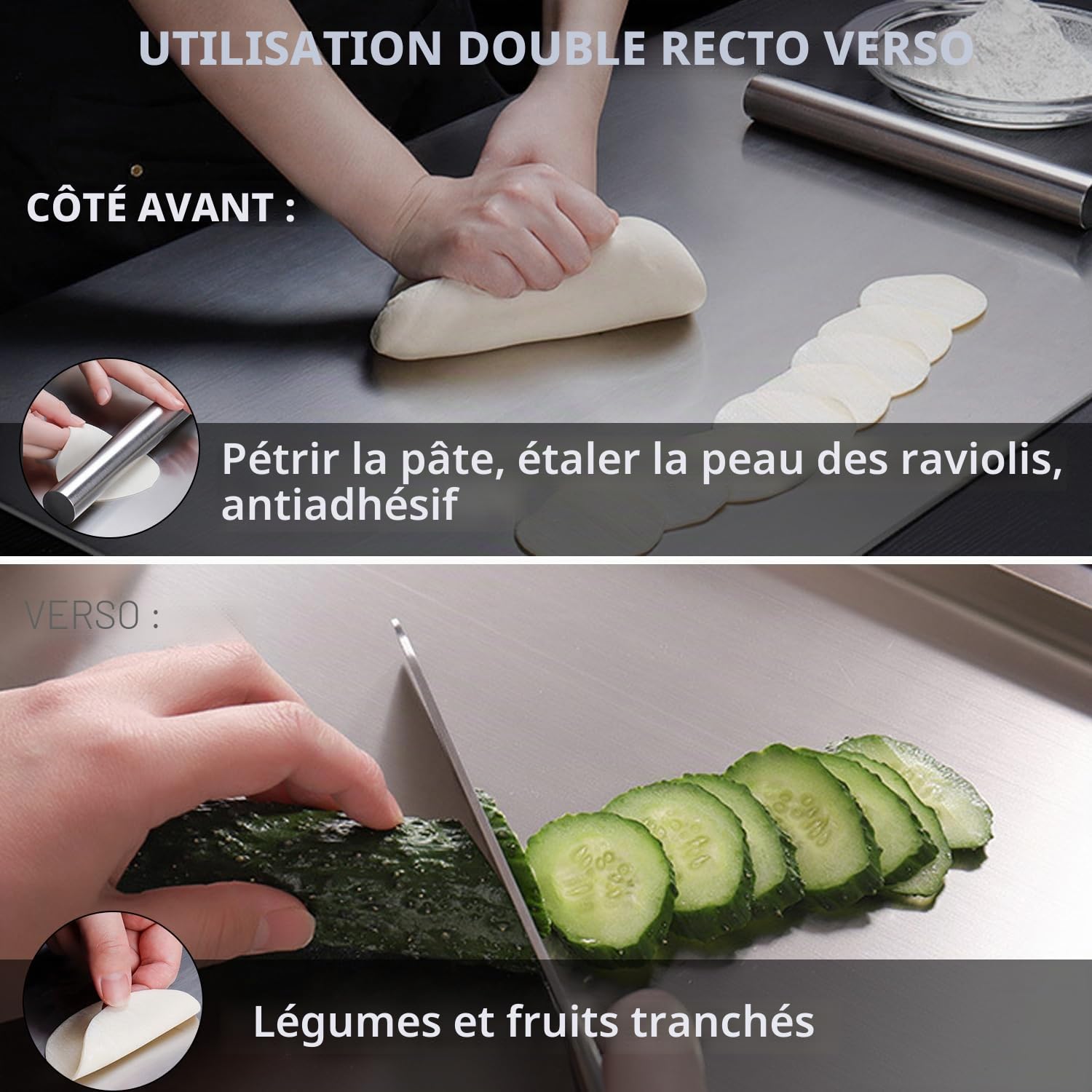 Planche à Découper Inox 40x60cm, Plan de Travail Cuisine Acier Inoxydable | Double Face avec Bord de Butée, Antidérapante, Antibactérienne pour Boulangerie, Restaurant Et