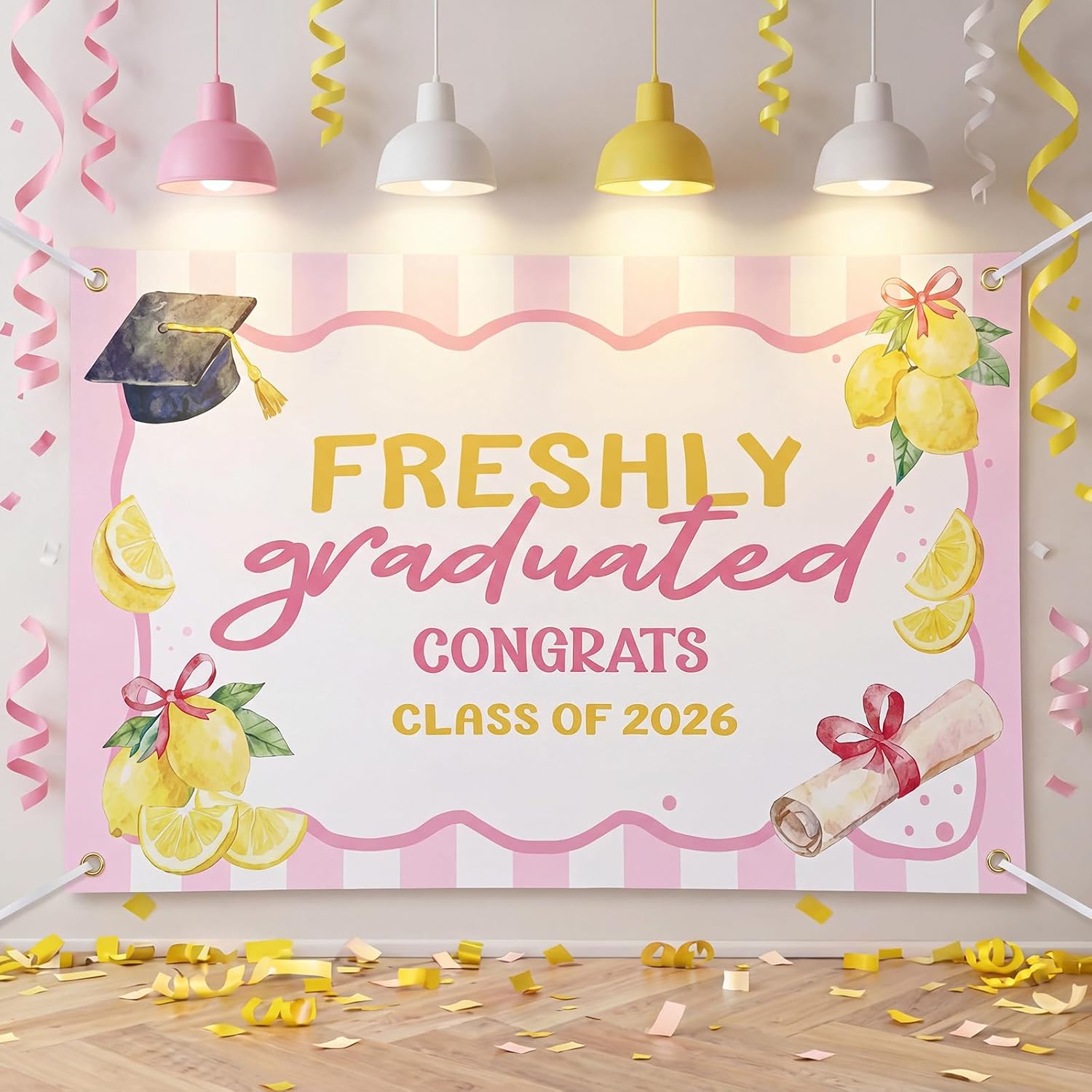 Breling 2026 Graduation Shirley Temple Bar Decorations 70.87 x 43.3 Inch Shirley She Can't Be Graduating Backdrop Fun Congrats Grad Banner for Graduate Party Supplies Cherry Decor Photo Booth Props