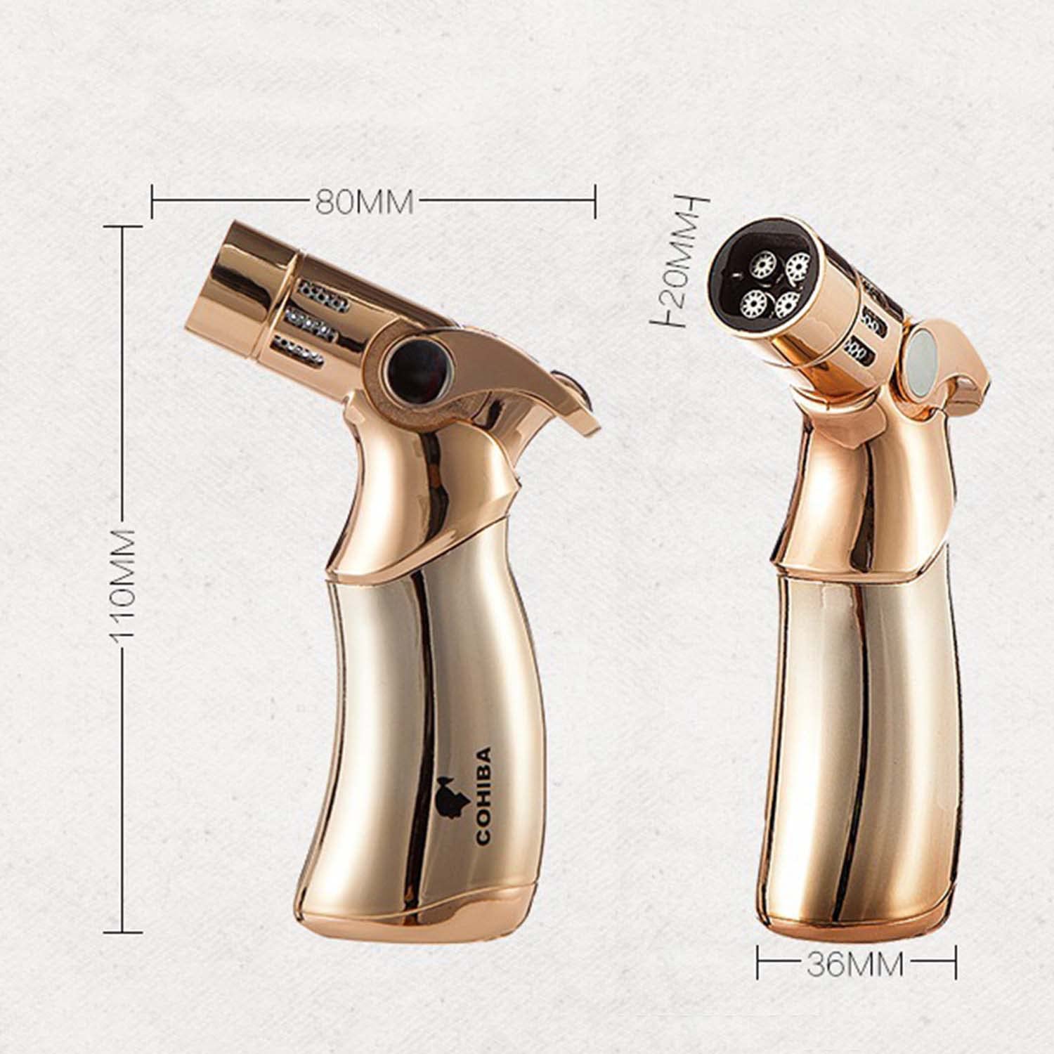 Cigare Briquet Quadruple 4 Jet Flamme Métal Rechargeable Coupe-Vent Torche Au Butane Poignée Ergonomique pour Desserts Crème Brûlée BBQ DIY Soudage (Gaz Non Inclus)
